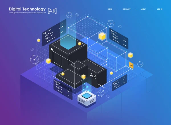 Concepto de diseño isométrico realidad virtual y realidad aumentada. Desarrollo de RA y VR. Tecnología de medios digitales para sitio web y aplicación móvil . — Archivo Imágenes Vectoriales