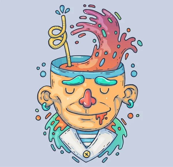 Kafasında bir kokteylle garip adam. Karikatür çizim yazdırma ve web. Modern grafik stili karakter.