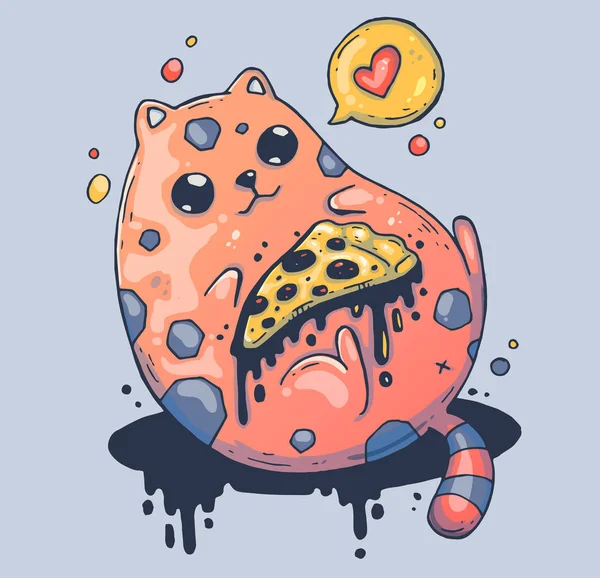 Zeer dikke kat met een stuk pizza. Cartoon afbeelding voor print en web. Teken in de moderne grafische stijl. — Stockvector