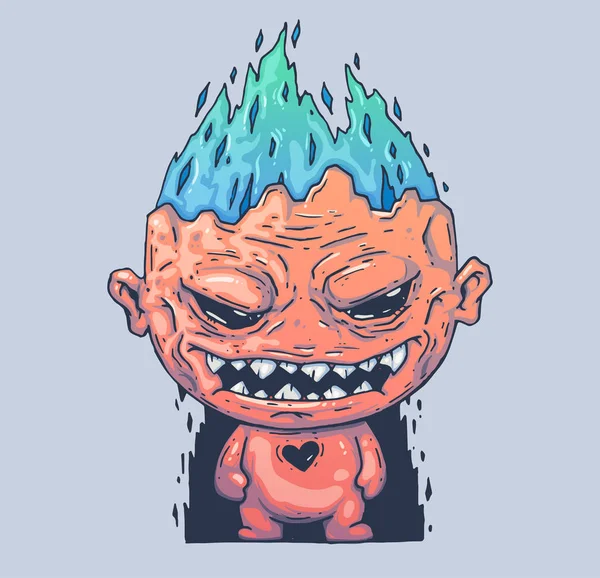 Yanan bir kafa ile kötü canavar. Karikatür çizim yazdırma ve web. Modern grafik stili karakter.