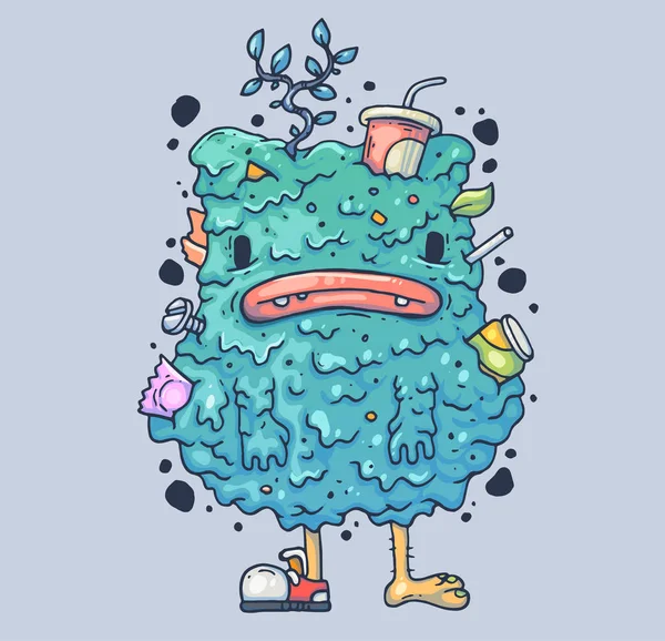 Clumsy garbage monster. Strange creature in the mud. Cartoon illustration for print and web. Character in the modern graphic style. — Stock Vector