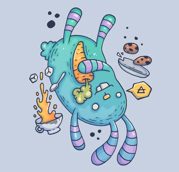 Çay ve kurabiye ile düşen tavşan. Karikatür çizim yazdırma ve web. Modern grafik stili karakter.