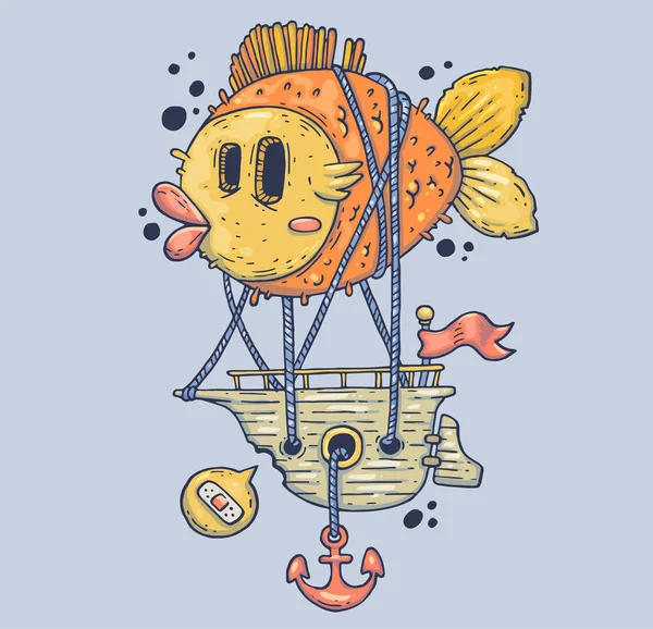 Poisson géant et navire de mer. Illustration de bande dessinée pour impression et web. Caractère dans le style graphique moderne . — Image vectorielle