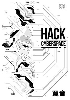 Robot kafalı siber punk fütüristik poster. Teknoloji soyut poster şablonu. Web ve baskı için modern broşür.