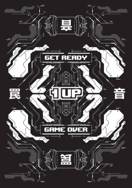 Cyberpunk fütüristik poster tekrarlamak spor elemanları ile. Teknik soyut poster şablonu. Web ve baskı için modern el ilanı.