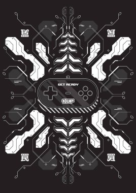 Cyberpunk fütüristik poster tekrarlamak spor elemanları ile. Teknik soyut poster şablonu. Web ve baskı için modern el ilanı.