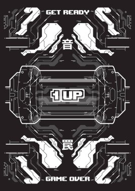 Cyberpunk fütüristik poster tekrarlamak spor elemanları ile. Teknik soyut poster şablonu. Web ve baskı için modern el ilanı.