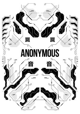 Cyberpunk fütüristik poster Japon stil öğeleri ile. Teknik soyut poster şablonu. Web ve baskı için modern el ilanı.