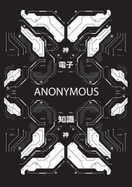 Cyberpunk fütüristik poster Japon stil öğeleri ile. Teknik soyut poster şablonu. Web ve baskı için modern el ilanı.