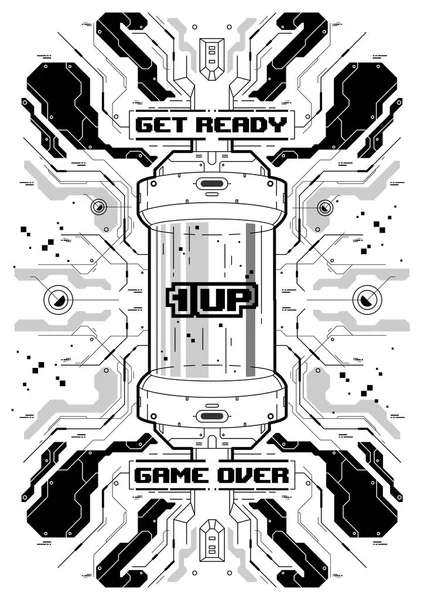 Cyberpunk poster futurista com elementos de jogos retro. Modelo de pôster abstrato Tech. Folheto moderno para web e impressão . —  Vetores de Stock