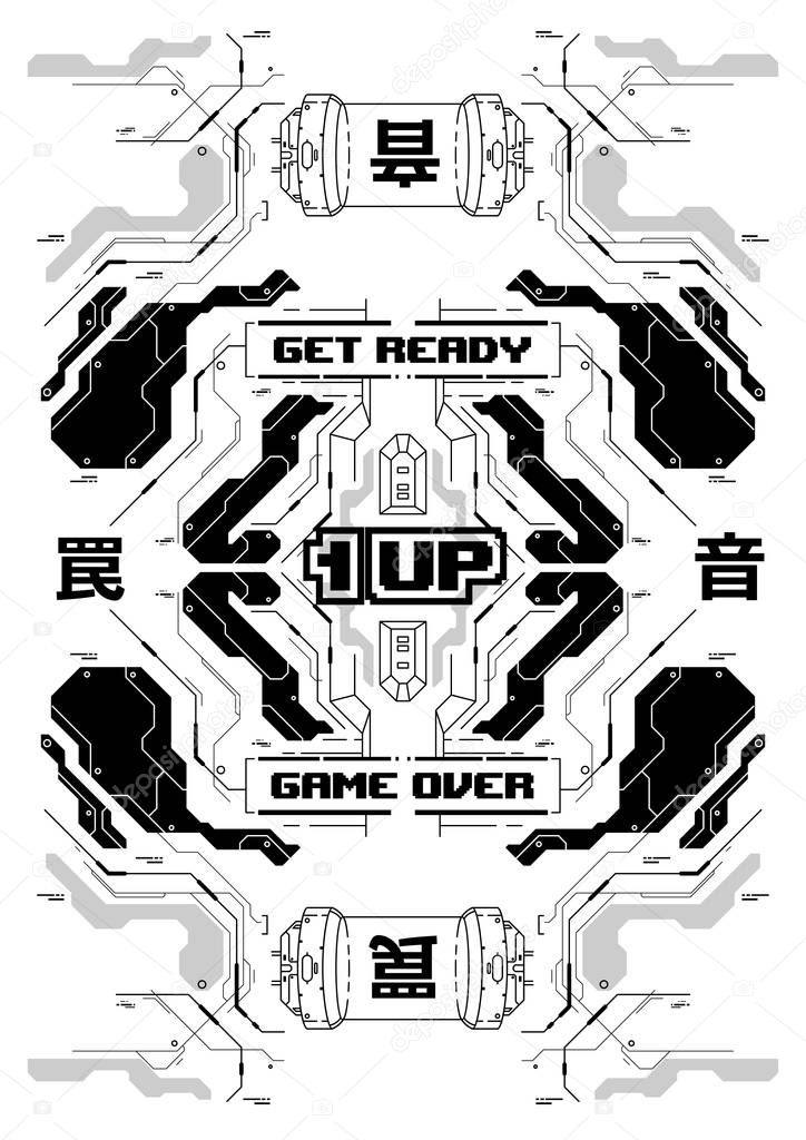 Cyberpunk futuristic poster with retro games elements. Tech Abstract poster template. Modern flyer for web and print.