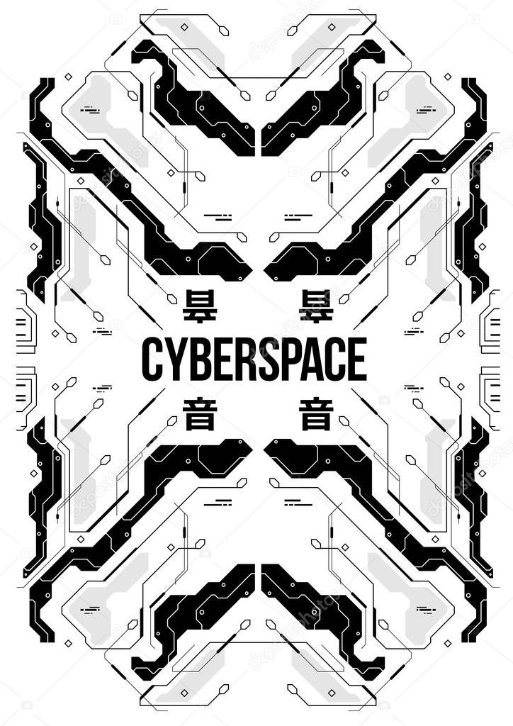 Cyberpunk futuristic poster with japanes style elements. Tech Abstract poster template. Modern flyer for web and print.