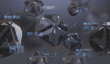 Boş alanda kaotik geometrik şekiller Soyut 3d render. Teknik soyut öğeler ile fütüristik arka plan.