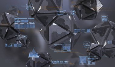 Boş alanda kaotik geometrik şekiller Soyut 3d render. Teknik soyut öğeler ile fütüristik arka plan.