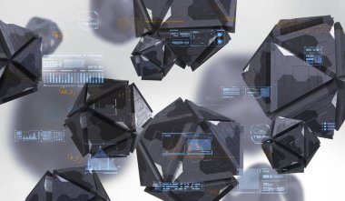 Boş alanda kaotik geometrik şekiller Soyut 3d render. Teknik soyut öğeler ile fütüristik arka plan.