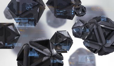 Boş alanda kaotik geometrik şekiller Soyut 3d render. Teknik soyut öğeler ile fütüristik arka plan.