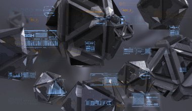 Boş alanda kaotik geometrik şekiller Soyut 3d render. Teknik soyut öğeler ile fütüristik arka plan.