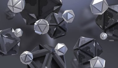 Boş alanda kaotik geometrik şekiller Soyut 3d render. Teknik soyut öğeler ile fütüristik arka plan.