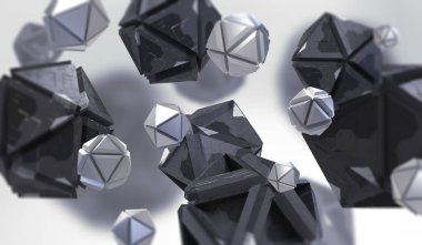 Boş alanda kaotik geometrik şekiller Soyut 3d render. Teknik soyut öğeler ile fütüristik arka plan.