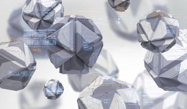 Boş alanda kaotik geometrik şekiller Soyut 3d render. Teknik soyut öğeler ile fütüristik arka plan.