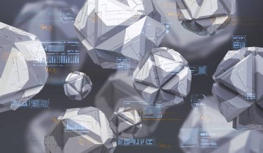 Boş alanda kaotik geometrik şekiller Soyut 3d render. Teknik soyut öğeler ile fütüristik arka plan.