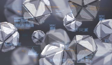 Boş alanda kaotik geometrik şekiller Soyut 3d render. Teknik soyut öğeler ile fütüristik arka plan.