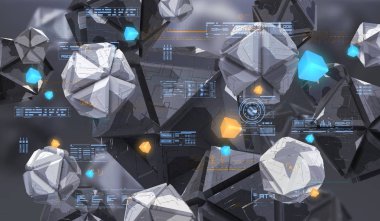 Boş alanda kaotik geometrik şekiller Soyut 3d render. Teknik soyut öğeler ile fütüristik arka plan.