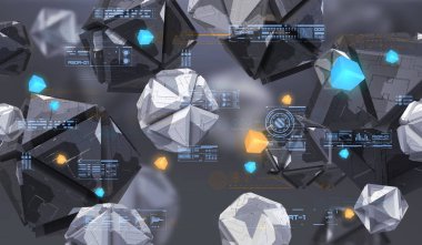 Boş alanda kaotik geometrik şekiller Soyut 3d render. Teknik soyut öğeler ile fütüristik arka plan.