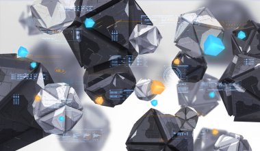 Boş alanda kaotik geometrik şekiller Soyut 3d render. Teknik soyut öğeler ile fütüristik arka plan.