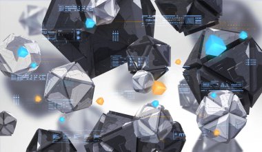 Boş alanda kaotik geometrik şekiller Soyut 3d render. Teknik soyut öğeler ile fütüristik arka plan.