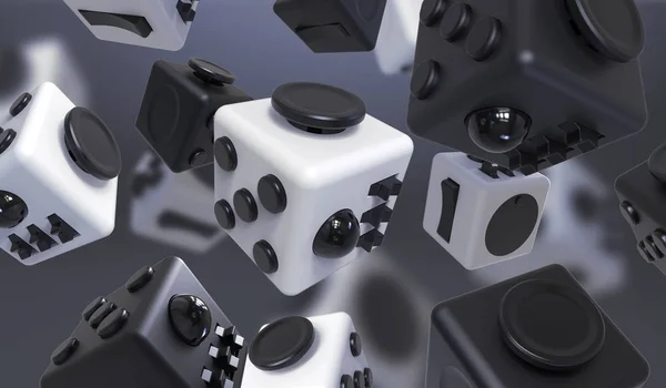 Fidget Cube render, Fingers Toy. Abstract background composition wint cube toy.