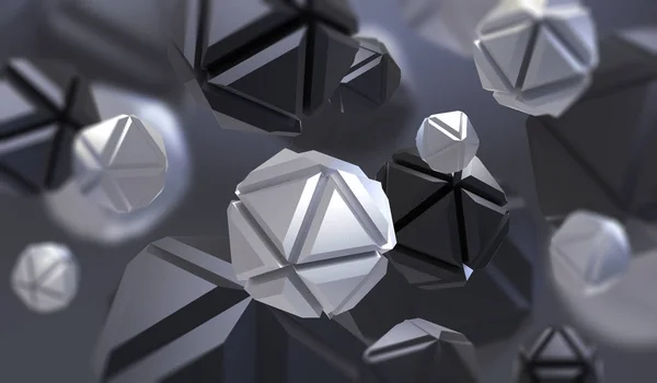 Αφηρημένη 3d rendering χαοτική γεωμετρικών σχημάτων σε κενό χώρο. Φουτουριστικό φόντο με αφηρημένα στοιχεία τεχνολογίας. — Φωτογραφία Αρχείου