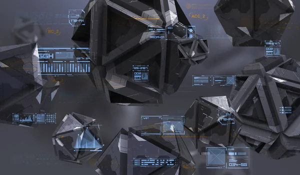 Boş alanda kaotik geometrik şekiller Soyut 3d render. Teknik soyut öğeler ile fütüristik arka plan.
