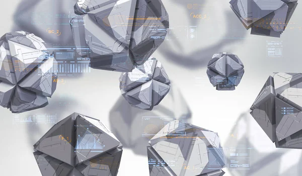 Abstracte 3d rendering van chaotische geometrische vormen in de lege ruimte. Futuristische achtergrond met abstracte elementen van tech. — Stockfoto