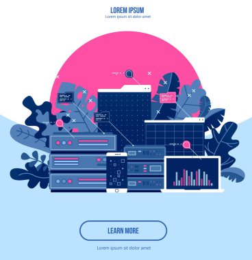 Sunucu veri merkezi, düz illüstrasyon. Internet ağ teknolojisi ve bilgi bulut depolama, vektör çizim.