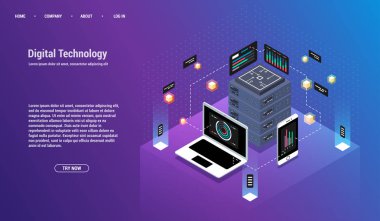 Analiz ve yatırım. Veri görselleştirme kavramı. 3D izometrik vektör çizim. Büyük veri akışı işleme kavramı, bulut veritabanı.