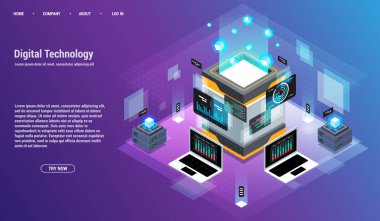 Analiz ve yatırım. Veri görselleştirme kavramı. 3D izometrik vektör çizim. Büyük veri akışı işleme kavramı, bulut veritabanı.