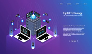 Analiz ve yatırım. Veri görselleştirme kavramı. 3D izometrik vektör çizim. Büyük veri akışı işleme kavramı, bulut veritabanı.