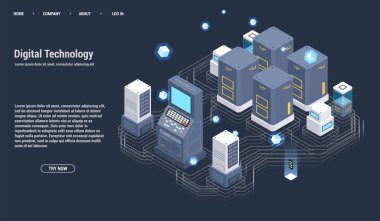 Isometric Sunucu odası ve büyük veri işleme konsepti, veri tabanı ve veri tabanı simgesi, dijital bilgi teknolojisi, neon koyu renk gradyan