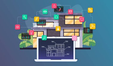 Akıllı ev otomasyonu ve şeyler resimde Internet ev ve ev aletleri bağlı, düz tarzı simgeleri ile