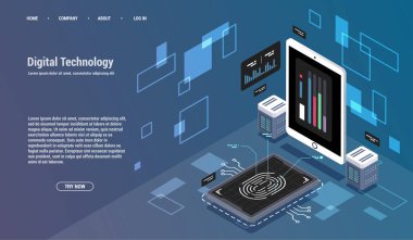 Büyük veri merkezinin hesaplanması, bilgi işleme, veritabanı. İnternet trafik yönlendirmesi, sunucu odası raf izometrik vektör teknolojisi