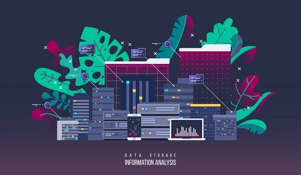 Szerver adatközpont, lapos illusztráció. Internet hálózati technológia és információs felhő-tárolási, vektoros illusztráció. — Stock Vector