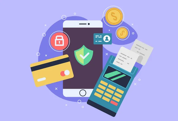 Mobiele telefoon betaling pictogram in vlakke stijl. De internet winkel, online winkel, web kopen en betalen. Smartphone valuta ontwerpelementen. — Stockvector