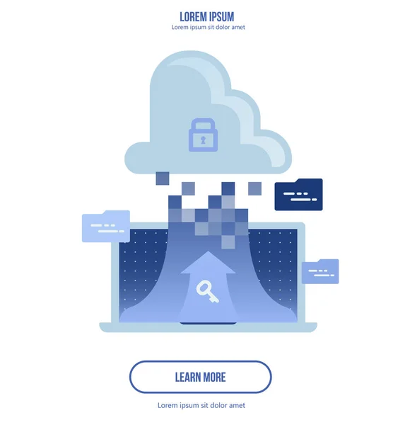 Cloud computing konceptet - ansluta enheter till molnet. illustration för webbplats med laptop på tonad bakgrund. Design för målsida. — Stock vektor