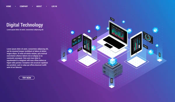 Analys och investeringar. Data visualisering konceptet. 3D Isometrisk vektorillustration. Big data flöde bearbetningen begreppen, molndatabas. — Stock vektor