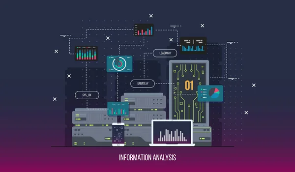 Centro dati server, illustrazione piatta. Tecnologia di rete Internet e cloud di informazioni per l'archiviazione, illustrazione vettoriale . — Vettoriale Stock