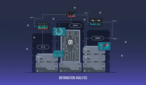 Centro de datos del servidor, ilustración plana. Tecnología de red de Internet y nube de información para almacenamiento, ilustración vectorial . — Archivo Imágenes Vectoriales