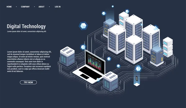 Isometrischer Serverraum und Big-Data-Verarbeitungskonzept, Rechenzentrum und Datenbanksymbol, digitale Informationstechnologie, Neon-Dunkelgradient — Stockvektor