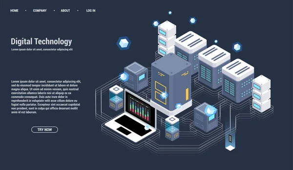 Sala de servidor isométrico e conceito de processamento de big data, ícone de data center e base de dados, tecnologia de informação digital, gradiente escuro de néon —  Vetores de Stock