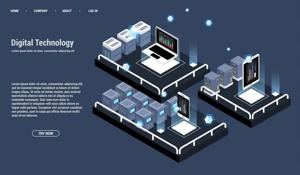 Isometric Sunucu odası ve büyük veri işleme konsepti, veri tabanı ve veri tabanı simgesi, dijital bilgi teknolojisi, neon koyu renk gradyan — Stok Vektör